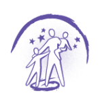 One large holding one small and one medium-sized purple-outlined figures with purple starsand a purple curved line above them.