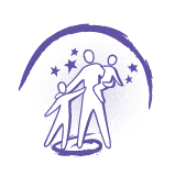 One large holding one small and one medium-sized purple-outlined figures with purple starsand a purple curved line above them.
