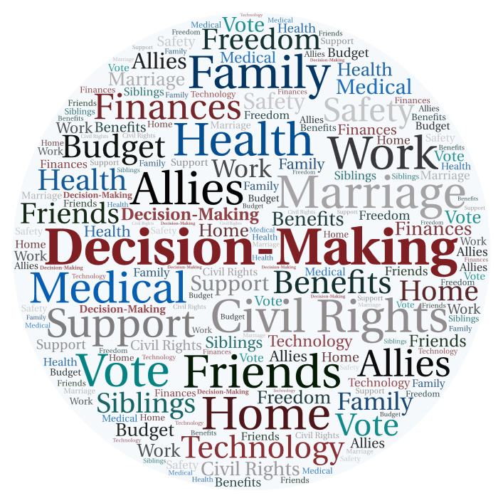 Word art with words about supported decision-making. The largest words are Freedom, Family, Health, Allies, Decision-Making, Medical, Vote, Friends, and Home.