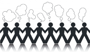 Stick figures holding hands with thought bubbles above