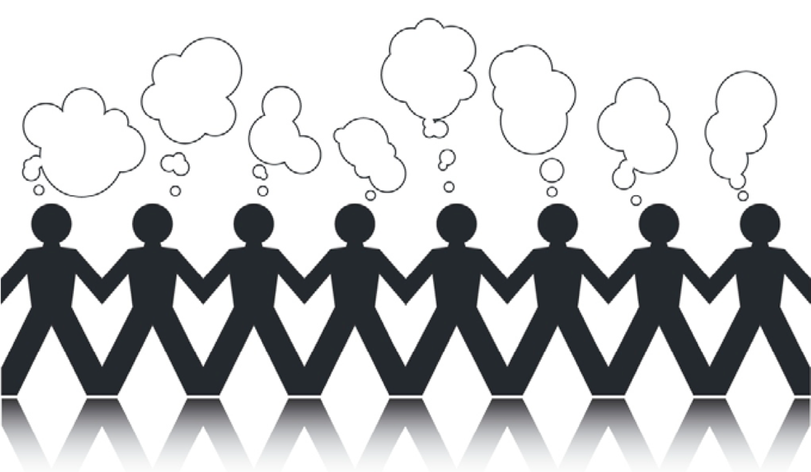 Stick figures holding hands with thought bubbles above