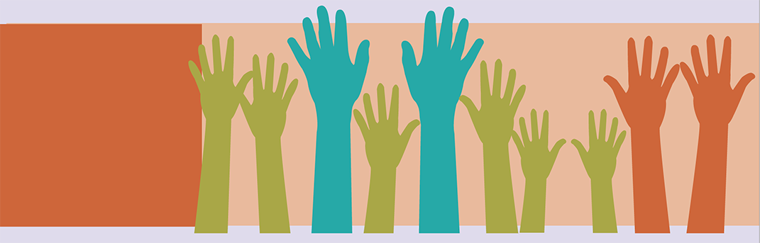 Ten green, blue and orange raised hands illustration.
