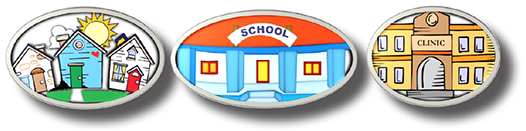 Drawing of a yellow, blue and white house with grass in front and a sun behind it, a drawing of a blue school, and a drawing of a yellow clinic.