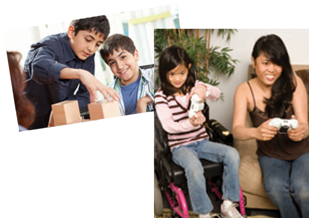 Two photos first photo two boys playing with blocks one child in a wheelchair. Second photo girl in wheelchair and woman sitting on a couch next to her playing video games.