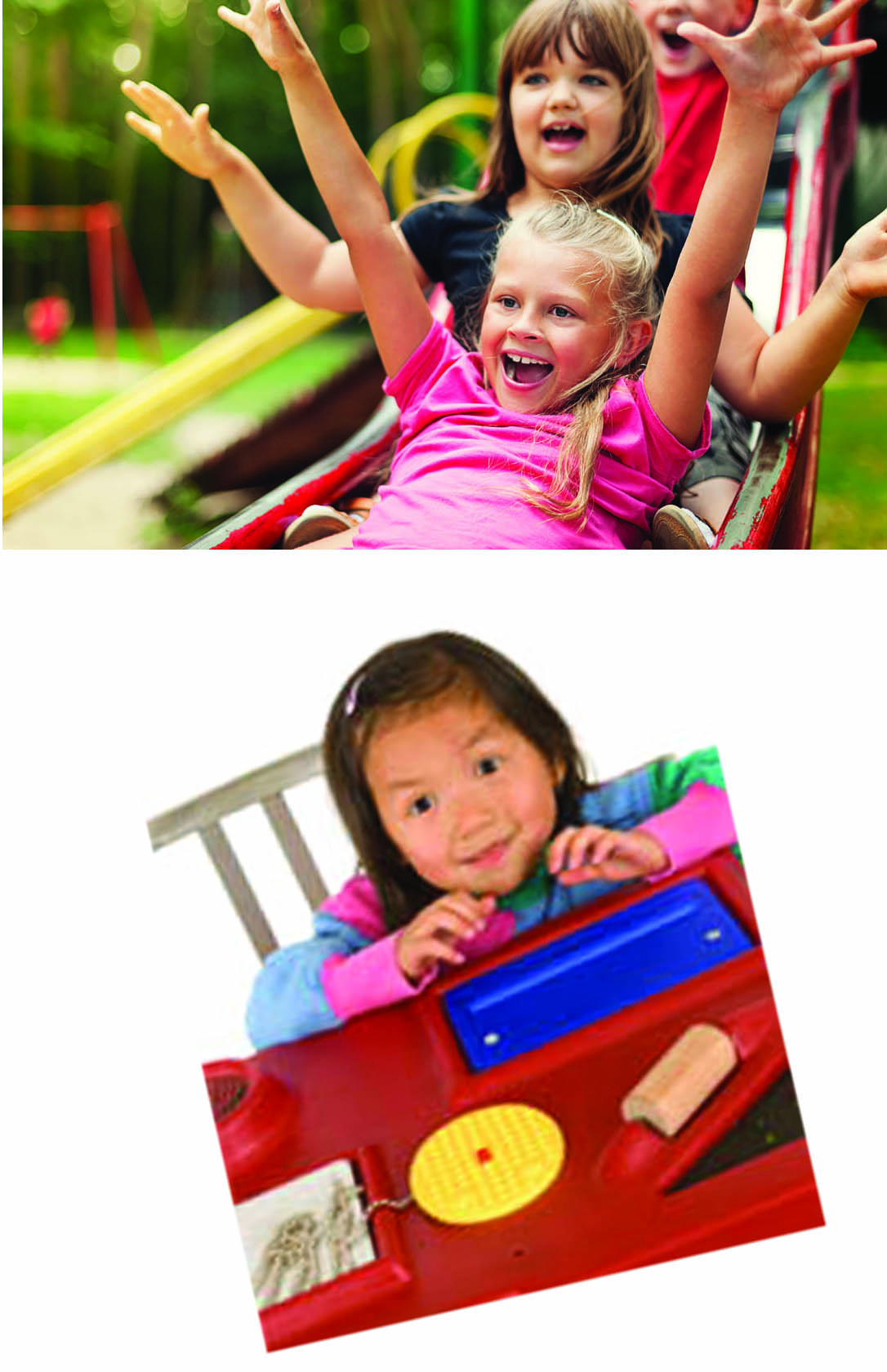 Children going down slide (top picture) child with toys (bottom picture)
