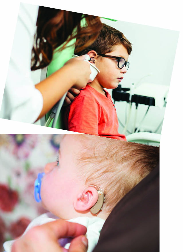 Boy getting hearing tested (top picture) baby with hearing aid (bottom picture)