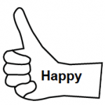 Happy inside outline of hand with thumb pointing up.