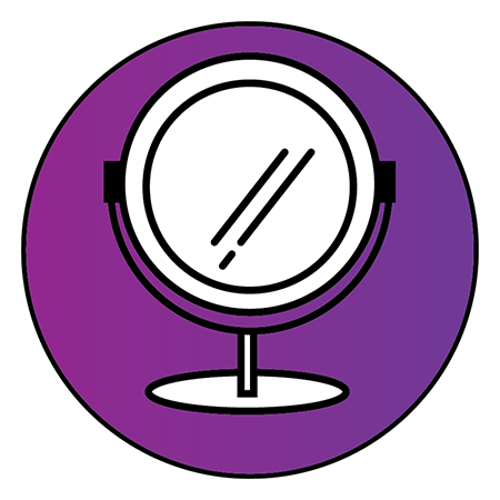 Purple circle with a mirror inside to represent "About Me"