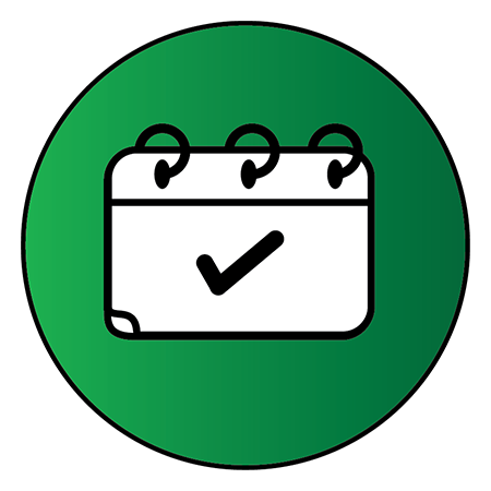 Green circle with a calendar page with a check mark inside to represent "Appointments"