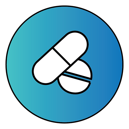 Light blue circle with two pills inside to represent "Medications"