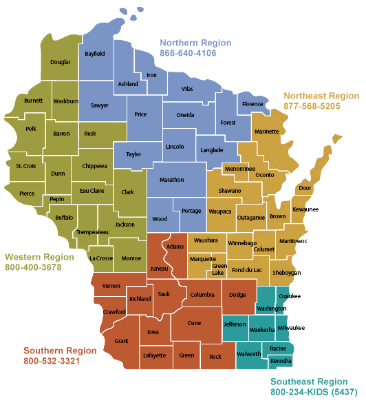 State of Wisconsin with counties a different color by region: Western Region 800-400-3678 green, Northern Region 866-640-4106 blue, Northeast Region 877-568-5205 orange, Southeast Region 800-234-KIDS (5437) teal, Southern Region 800-532-3312 red-orange