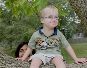 Boy with Down syndrome and mother